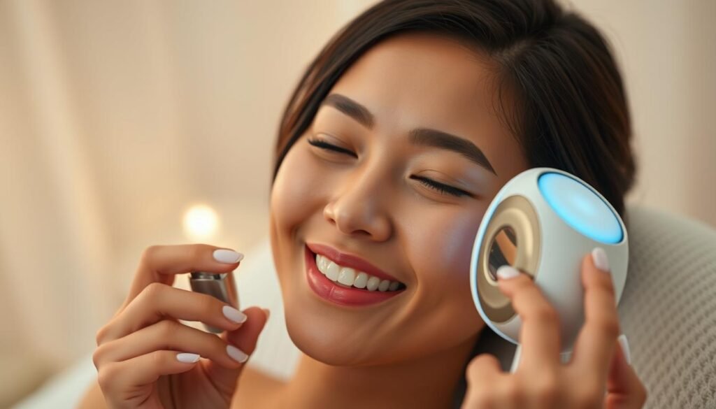A well-lit, close-up portrait of a satisfied customer using the Glowin Beaute Oligio X 原美電波device. The subject's face appears radiant and glowing, with an expression of tranquility and contentment. The image is shot from a slightly elevated angle, capturing the device in use against a soft, out-of-focus background that evokes a serene, spa-like atmosphere. Careful lighting and gentle post-processing enhance the subject's skin texture and highlight the device's sleek, modern design. The overall mood is one of relaxation, wellness, and the transformative power of this advanced beauty technology. A well-lit, close-up portrait of a satisfied customer using the Glowin Beaute Oligio X 原美電波device. The subject's face appears radiant and glowing, with an expression of tranquility and contentment. The image is shot from a slightly elevated angle, capturing the device in use against a soft, out-of-focus background that evokes a serene, spa-like atmosphere. Careful lighting and gentle post-processing enhance the subject's skin texture and highlight the device's sleek, modern design. The overall mood is one of relaxation, wellness, and the transformative power of this advanced beauty technology.
