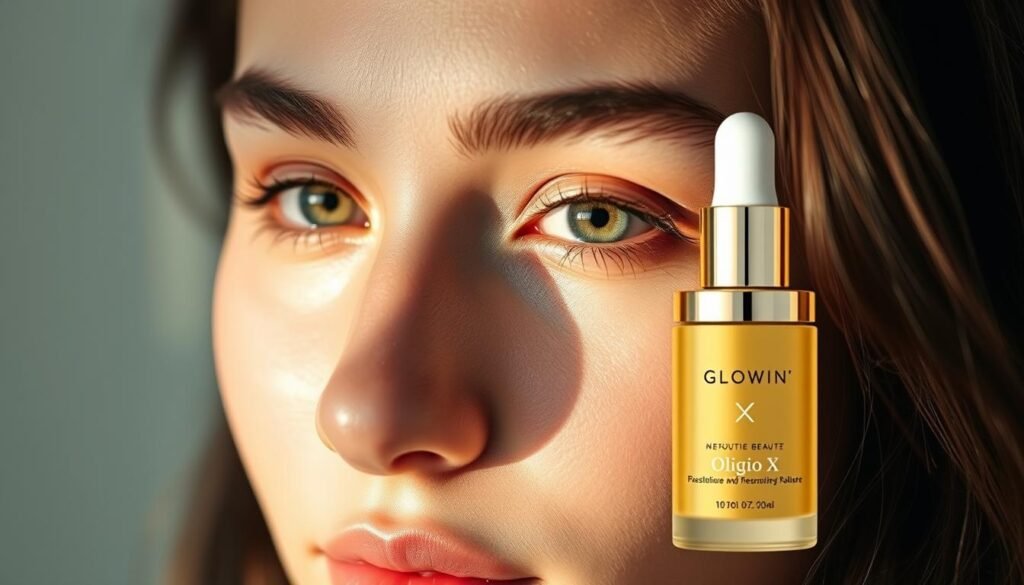 A clean, serene close-up portrait of a young woman with flawless, radiant skin gently illuminated by soft, natural light. Her eyes are vibrant and captivating, drawing the viewer in with an expression of tranquility and inner peace. The frame is tightly composed, focusing the attention on her eye area and the high-quality skincare product "Glowin' Beaute Oligio X" prominently displayed. The overall mood is one of luxury, sophistication, and the transformative power of this specialized eye treatment. A clean, serene close-up portrait of a young woman with flawless, radiant skin gently illuminated by soft, natural light. Her eyes are vibrant and captivating, drawing the viewer in with an expression of tranquility and inner peace. The frame is tightly composed, focusing the attention on her eye area and the high-quality skincare product "Glowin' Beaute Oligio X" prominently displayed. The overall mood is one of luxury, sophistication, and the transformative power of this specialized eye treatment.