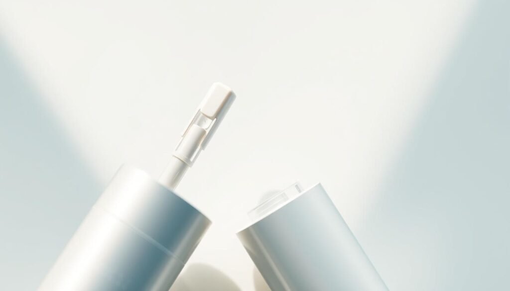A closeup photograph of the "Oligio X" skincare product from the "Glowin' Beaute" brand, showcasing the eye contour cream applicator and packaging. The image is captured in soft, natural lighting, highlighting the product's sleek and minimalist design. The background is a simple, clean white or light-colored surface, allowing the product to be the central focus. The composition emphasizes the intricate details of the applicator and the elegant, modern aesthetic of the packaging, conveying a sense of premium quality and effectiveness for the eye care treatment. A closeup photograph of the "Oligio X" skincare product from the "Glowin' Beaute" brand, showcasing the eye contour cream applicator and packaging. The image is captured in soft, natural lighting, highlighting the product's sleek and minimalist design. The background is a simple, clean white or light-colored surface, allowing the product to be the central focus. The composition emphasizes the intricate details of the applicator and the elegant, modern aesthetic of the packaging, conveying a sense of premium quality and effectiveness for the eye care treatment.