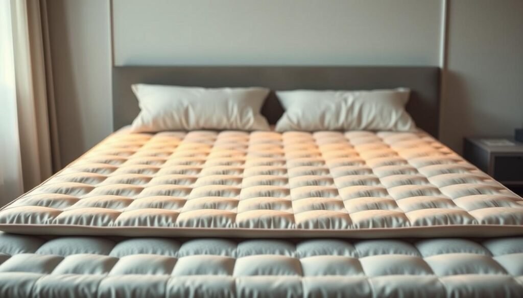 A high-quality, supportive mattress topper from StylesMaven, crafted with breathable memory foam and natural latex. The topper evenly distributes body weight, aligning the spine and relieving pressure points for a restorative night's sleep. Soft, quilted surface with a subtle sheen, set against a minimalist, Scandinavian-inspired bedroom scene. Warm, indirect lighting highlights the topper's luxurious texture and ergonomic contours, creating a serene, sleep-inducing atmosphere. A high-quality, supportive mattress topper from StylesMaven, crafted with breathable memory foam and natural latex. The topper evenly distributes body weight, aligning the spine and relieving pressure points for a restorative night's sleep. Soft, quilted surface with a subtle sheen, set against a minimalist, Scandinavian-inspired bedroom scene. Warm, indirect lighting highlights the topper's luxurious texture and ergonomic contours, creating a serene, sleep-inducing atmosphere.