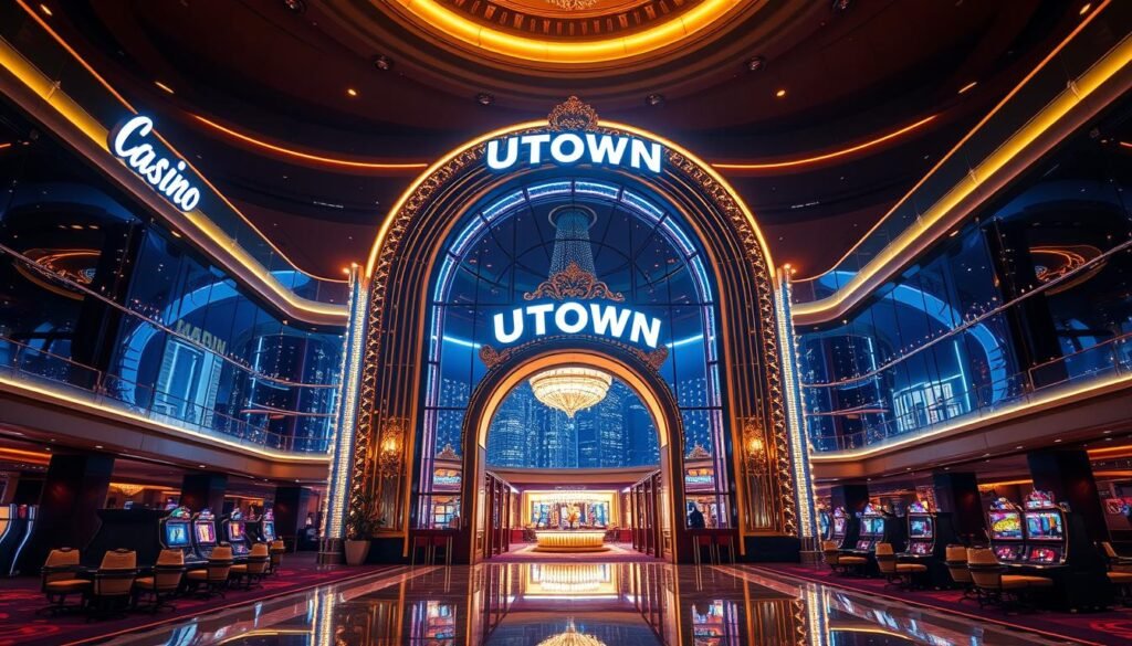 A magnificent, ultra-modern casino complex called UTown, bathed in the warm glow of neon lights and reflecting off sleek glass facades. The grand entrance welcomes visitors with an ornate, gilded archway, leading them into a vast, opulent lobby filled with plush furnishings and glittering chandeliers. In the background, the nighttime skyline twinkles, creating a dreamlike, cinematic atmosphere. The scene conveys a sense of luxury, excitement, and the thrill of the gaming experience that UTown offers, highlighted by its cutting-edge USDT cryptocurrency integration.