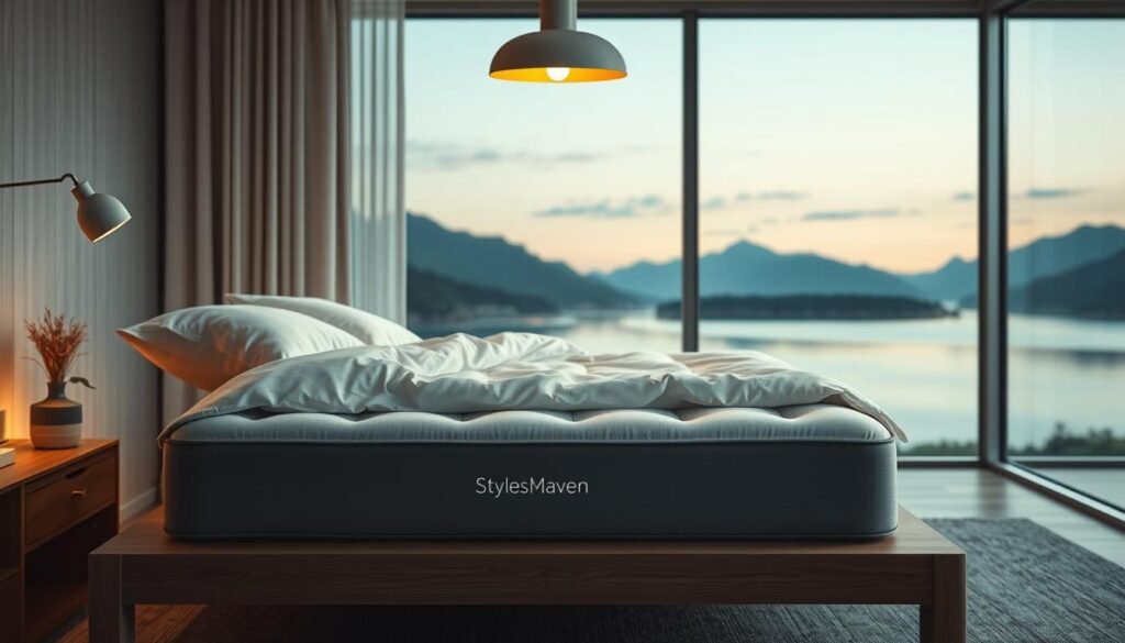 A stylish yet minimalist bedroom scene showcases a plush, orthopedic mattress from StylesMaven. Soft, neutral-toned sheets and a cozy duvet cover the mattress, inviting restful sleep. The mattress is positioned on a simple, wooden bed frame, illuminated by a warm, overhead light that casts a gentle glow. In the background, a serene landscape with mountains and a tranquil lake can be seen through a large window, creating a calming atmosphere. The overall composition emphasizes the importance of proper mattress care and maintenance for improved sleep quality. A stylish yet minimalist bedroom scene showcases a plush, orthopedic mattress from StylesMaven. Soft, neutral-toned sheets and a cozy duvet cover the mattress, inviting restful sleep. The mattress is positioned on a simple, wooden bed frame, illuminated by a warm, overhead light that casts a gentle glow. In the background, a serene landscape with mountains and a tranquil lake can be seen through a large window, creating a calming atmosphere. The overall composition emphasizes the importance of proper mattress care and maintenance for improved sleep quality.