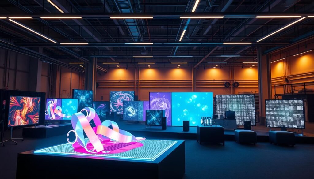 An ultramodern LED innovation display showcasing a diverse array of cutting-edge Aloha LED applications. In the foreground, a stunning 3D holographic projection system casts vibrant, dynamic visuals. The middle ground features a seamless array of flexible, transparent LED screens integrated into sleek, futuristic product designs. The background depicts a high-tech, minimalist industrial setting bathed in warm, diffused lighting that highlights the innovative LED technologies. The overall scene conveys a sense of technological wonder and the limitless possibilities of LED innovation.