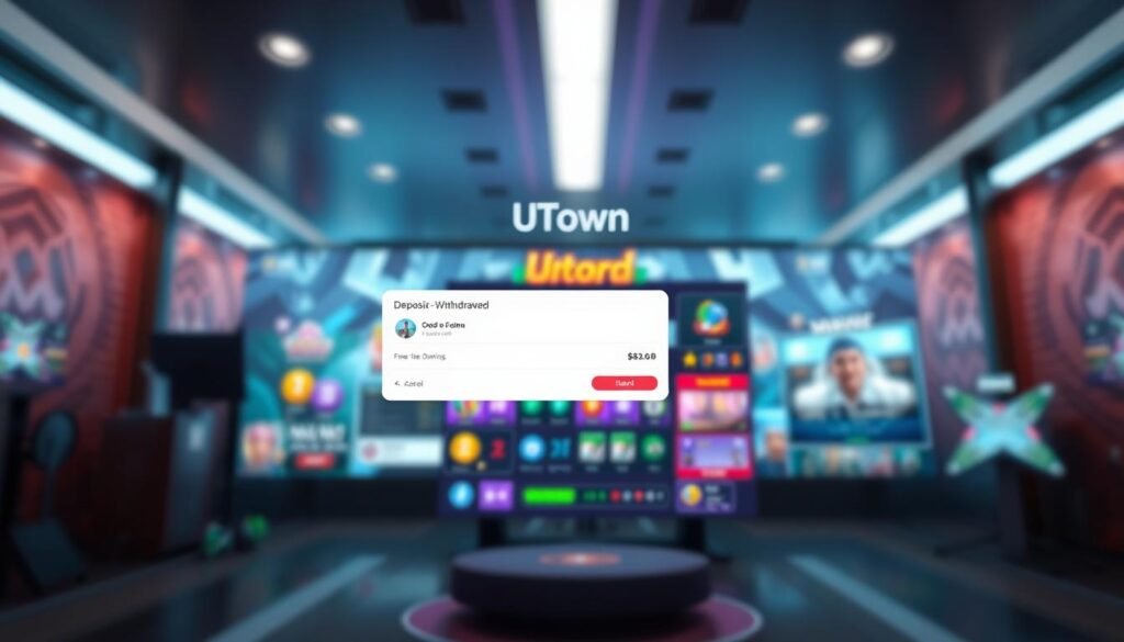 A modern and stylish user interface for an online gaming platform called "UTown". The foreground features a clean and minimal deposit/withdrawal section with a simple, intuitive layout. The middle ground showcases various gaming icons, power-ups, and UI elements in a vibrant color palette. The background has a blurred, textured pattern that evokes a sense of digital energy. The lighting is soft and indirect, creating a calming yet engaging atmosphere. The camera angle is slightly elevated, giving an overview of the comprehensive gaming experience. The overall composition conveys a sleek, high-tech aesthetic that invites the user to explore and interact with the platform. A modern and stylish user interface for an online gaming platform called "UTown". The foreground features a clean and minimal deposit/withdrawal section with a simple, intuitive layout. The middle ground showcases various gaming icons, power-ups, and UI elements in a vibrant color palette. The background has a blurred, textured pattern that evokes a sense of digital energy. The lighting is soft and indirect, creating a calming yet engaging atmosphere. The camera angle is slightly elevated, giving an overview of the comprehensive gaming experience. The overall composition conveys a sleek, high-tech aesthetic that invites the user to explore and interact with the platform.