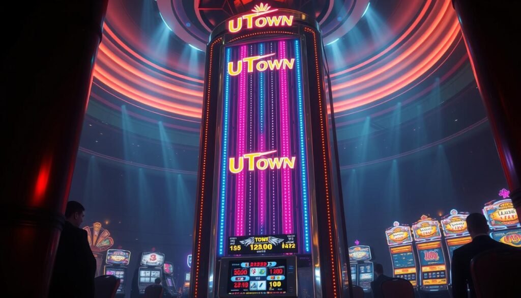 A neon-lit casino interior, dominated by a towering UTown electronic slot machine. Flashing lights cascade down its sleek, chrome exterior, luring in players with the promise of fortune. Yet, a sense of unease permeates the scene - the machine's hypnotic allure betraying its potential for addiction and financial ruin. Shadows loom in the corners, hinting at the machine's darker, predatory nature. The overall atmosphere is one of temptation and cautionary unease, capturing the complex duality of the cg electronic slot machine experience.