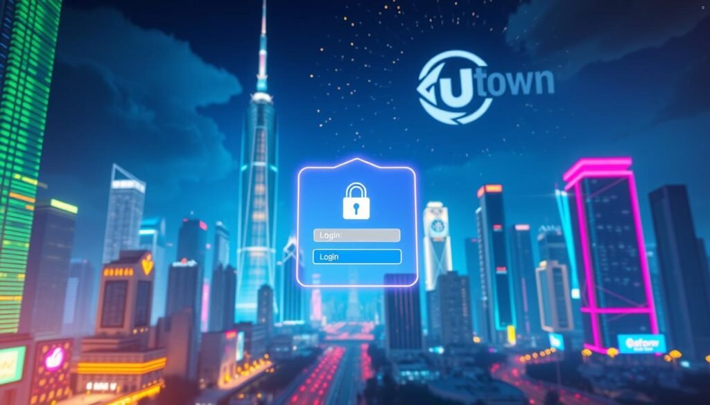 A vibrant, digital illustration of the UTown USDT entertainment city account security. In the foreground, a secure login interface with a streamlined, futuristic design. The background features a cityscape of gleaming skyscrapers, neon lights, and a night sky filled with a stylized UTown logo. The overall mood is one of advanced technology, financial security, and the excitement of the digital entertainment landscape. The lighting is a balanced combination of warm and cool tones, creating a visually captivating and immersive scene. The perspective is slightly elevated, giving a sense of scale and emphasizing the technological prowess of the UTown USDT entertainment city.