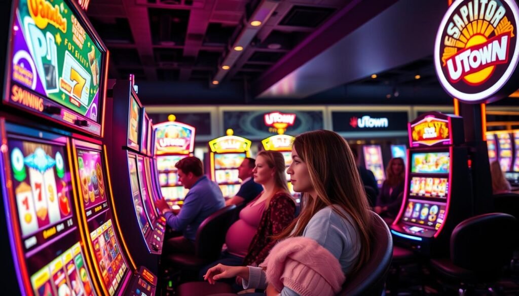 A vibrant, neon-lit scene of a gaming hall featuring a selection of cutting-edge slot machines. In the foreground, a bank of slot machines with dazzling lights, crisp graphics, and alluring reel symbols. The middle ground showcases several players immersed in the captivating gameplay, their faces illuminated by the machines' vibrant displays. In the background, a sleek, modern casino ambiance with stylish decor and subtle branding for "UTown". The overall atmosphere is one of excitement, anticipation, and the thrill of the spin. Detailed lighting captures the energy and dynamism of the slot machines, creating a visually stunning and engaging image.