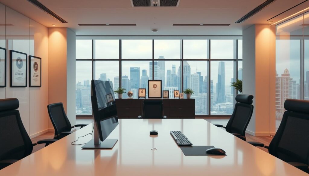 Pristine corporate office setting, clean and modern aesthetic. A large desk with a desktop computer, keyboard, and mouse in the foreground. Several ergonomic office chairs surrounding the desk, suggesting a space for client meetings. Subtle UTown branding visible on the desk or wall. Warm, diffused lighting illuminates the scene, creating a professional and welcoming atmosphere. The middle ground features a bookshelf or display cabinet showcasing awards and certifications, reinforcing the company's commitment to excellence. In the background, floor-to-ceiling windows offer a panoramic view of a bustling city skyline, conveying a sense of prestige and urban sophistication. Pristine corporate office setting, clean and modern aesthetic. A large desk with a desktop computer, keyboard, and mouse in the foreground. Several ergonomic office chairs surrounding the desk, suggesting a space for client meetings. Subtle UTown branding visible on the desk or wall. Warm, diffused lighting illuminates the scene, creating a professional and welcoming atmosphere. The middle ground features a bookshelf or display cabinet showcasing awards and certifications, reinforcing the company's commitment to excellence. In the background, floor-to-ceiling windows offer a panoramic view of a bustling city skyline, conveying a sense of prestige and urban sophistication.
