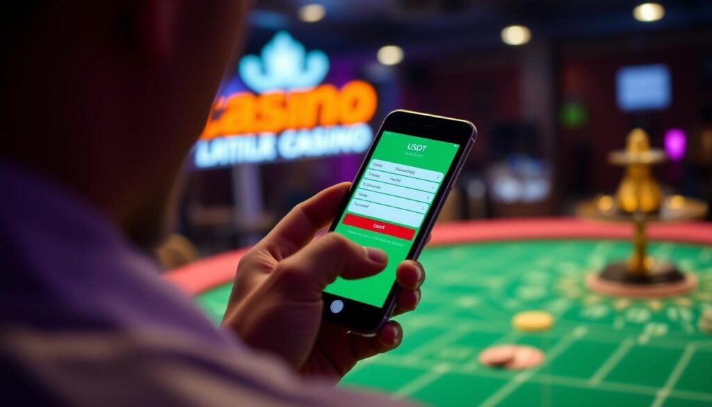 生成圖片提示：一位玩家正在使用手機註冊USDT娛樂城帳戶