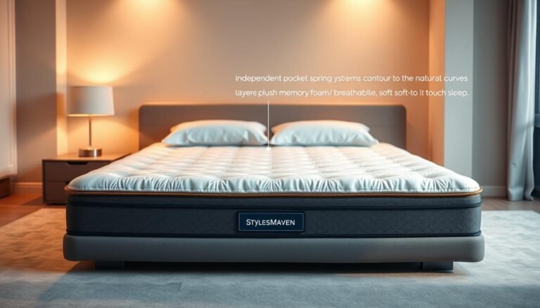 A high-quality, stylish, and technologically advanced mattress by StylesMaven, featuring an independent pocket spring system that contours to the body's natural curves. The mattress is layered with plush memory foam and a breathable, soft-to-the-touch cover, creating a restful and rejuvenating sleep experience. Warm, gentle lighting illuminates the mattress, capturing its luxurious and inviting aesthetic. The image showcases the mattress in a serene, minimalist bedroom setting, emphasizing its key sleep-enhancing features and the calm, refreshed atmosphere it provides.