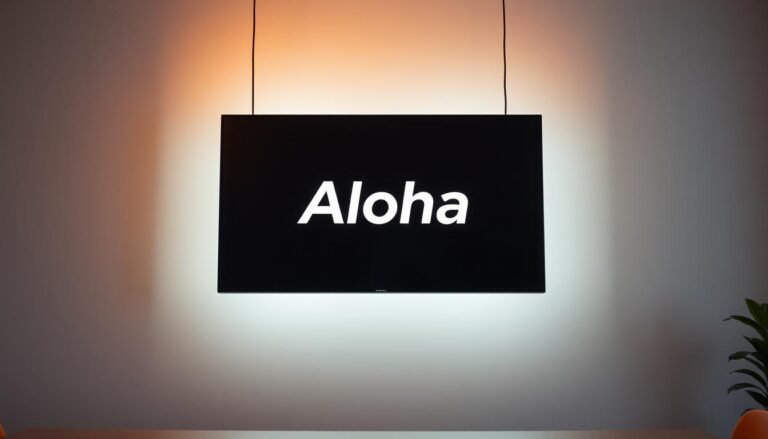 A serene and energy-efficient display, showcasing the Aloha brand, with a sleek, minimalist design. The screen is illuminated by warm, soft lighting, casting a gentle glow on the surrounding workspace. The display appears to float, suspended in midair, creating an illusion of weightlessness. The background is a muted, neutral tone, allowing the display to be the focal point. The overall atmosphere is one of tranquility and sophistication, reflecting the energy-saving capabilities of this innovative technology.