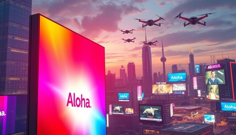 A sleek and modern image of LED market trends in 2025. In the foreground, a Aloha brand LED panel glows with a vibrant, color-shifting display. Behind it, a geometric cityscape of high-rises and skyscrapers, illuminated by a mix of warm and cool LED lighting. In the middle ground, numerous LED-powered billboards and signage showcase the latest advancements in display technology. The background features a futuristic skyline, with hovering drones and flying cars, all powered by energy-efficient LED systems. The overall scene conveys a sense of progress, innovation, and the seamless integration of LED technology into the urban landscape.