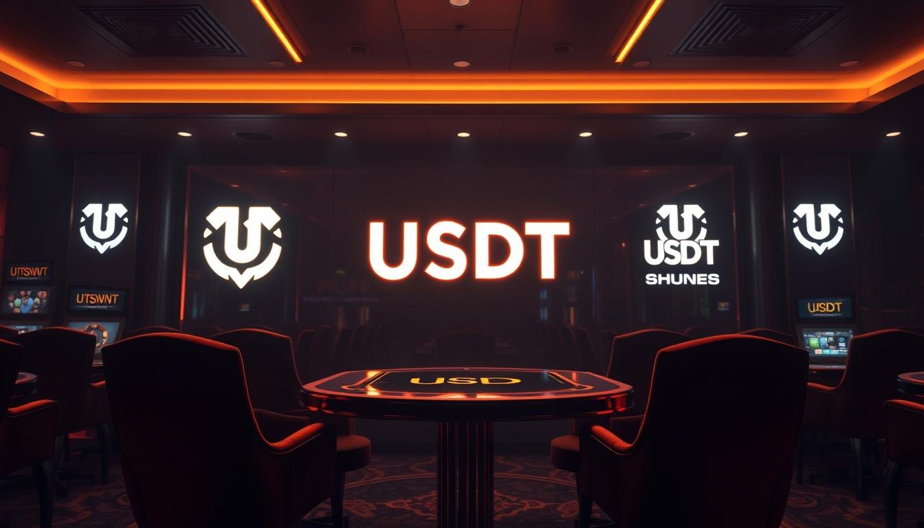 A sleek, modern USDT-powered online casino backdrop, featuring the UTown logo prominently displayed. A dimly lit gaming lounge with plush velvet chairs, neon-accented tables, and the faint glow of digital displays. Strategically placed USDT logos and branding subtly integrate the cryptocurrency's presence. Atmospheric lighting casts a warm, inviting ambiance, drawing the viewer into the immersive virtual gambling experience. The scene exudes an air of exclusivity and high-stakes excitement, hinting at the potential rewards and thrills of USDT-based casino gameplay.