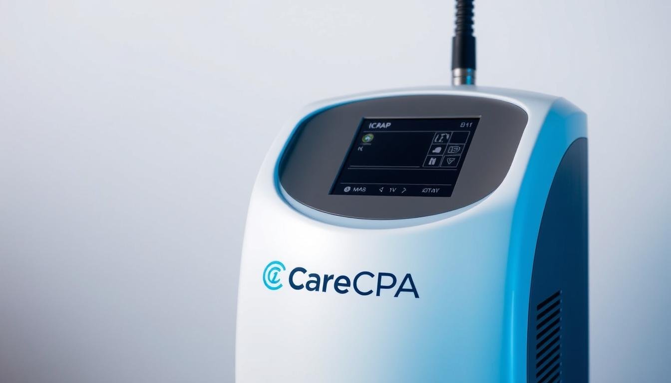 A sleek, modern medical device with the iCareCPAP logo prominently displayed. The device features a smooth, streamlined design with clean lines and a soft, muted color palette. The central focus is the machine itself, with a clear view of the user interface and controls. The background is minimalist, with a subtle gradient or muted pattern to create a sense of depth and atmosphere. The lighting is soft and diffused, creating a calming and professional ambiance. The overall impression is one of advanced medical technology and reliable healthcare solutions.
