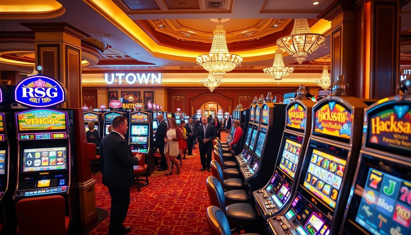 A vibrant casino lobby featuring a prominent display of various slot machines, highlighting the brands "RSG", "PP", and "Hacksaw". The machines are positioned in the foreground, their glossy cabinets and colorful LED lights catching the eye. In the middle ground, well-dressed patrons are interacting with the machines, their faces conveying excitement and anticipation. The background showcases the luxurious decor of the "UTown" casino, with plush seating, chandeliers, and a warm, inviting atmosphere. The lighting is soft and atmospheric, creating a sense of energy and sophistication. The overall scene captures the essence of a thriving casino environment, showcasing the diversity of slot machine offerings available to players.