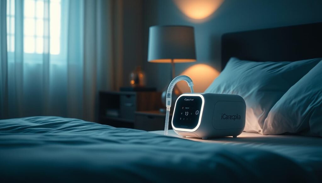 A dimly lit bedroom with a sleek, modern iCareCPAP machine placed on a nightstand. The device emits a soft, ambient glow, casting gentle shadows across the room. The scene conveys a sense of tranquility and relaxation, emphasizing the machine's role in providing restorative sleep. The focus is on the device, with the surrounding environment subtly complementing its presence. The image should highlight the machine's design, functionality, and the importance of proper usage, without distracting the viewer from the central subject. A dimly lit bedroom with a sleek, modern iCareCPAP machine placed on a nightstand. The device emits a soft, ambient glow, casting gentle shadows across the room. The scene conveys a sense of tranquility and relaxation, emphasizing the machine's role in providing restorative sleep. The focus is on the device, with the surrounding environment subtly complementing its presence. The image should highlight the machine's design, functionality, and the importance of proper usage, without distracting the viewer from the central subject.