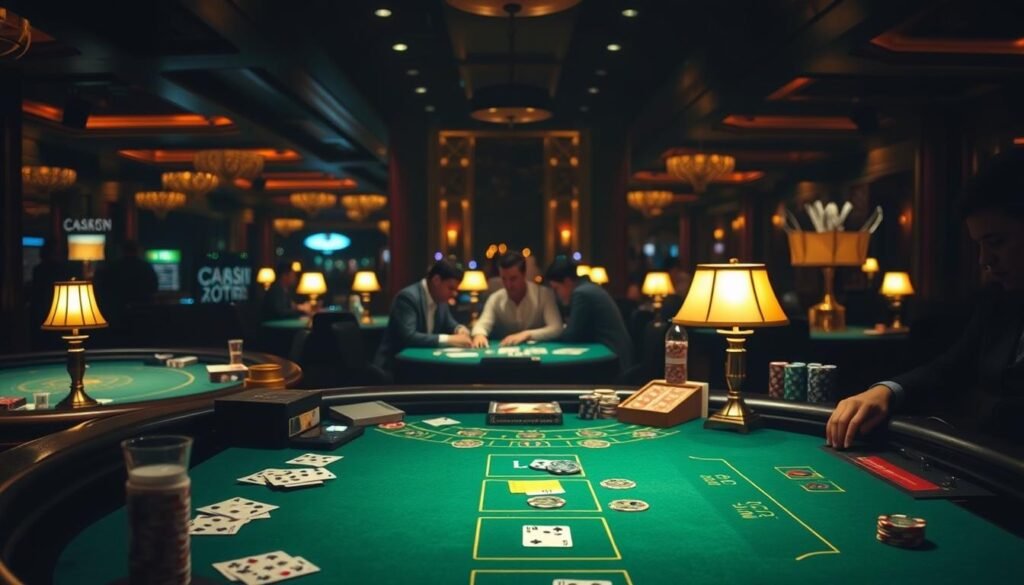 A dimly lit casino interior, the green felt of a baccarat table in the foreground, surrounded by an array of playing cards, poker chips, and casino-themed objects. In the middle ground, a group of players intently focused on the game, their faces illuminated by the soft glow of table lamps. The background features the hazy silhouettes of other tables and the bustling activity of the casino floor, creating a sense of immersion and the thrill of high-stakes gaming. The lighting is atmospheric, with warm tones and subtle shadows, evoking the classic ambiance of a sophisticated gambling establishment. The overall composition emphasizes the diversity of baccarat playing strategies and the allure of the game's unpredictable nature. A dimly lit casino interior, the green felt of a baccarat table in the foreground, surrounded by an array of playing cards, poker chips, and casino-themed objects. In the middle ground, a group of players intently focused on the game, their faces illuminated by the soft glow of table lamps. The background features the hazy silhouettes of other tables and the bustling activity of the casino floor, creating a sense of immersion and the thrill of high-stakes gaming. The lighting is atmospheric, with warm tones and subtle shadows, evoking the classic ambiance of a sophisticated gambling establishment. The overall composition emphasizes the diversity of baccarat playing strategies and the allure of the game's unpredictable nature.