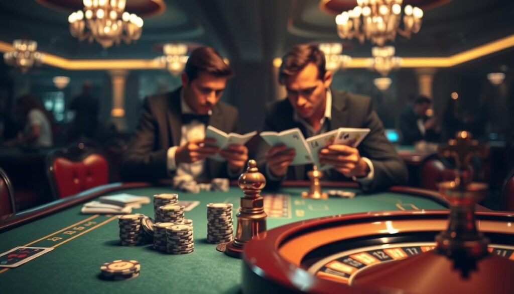 A dimly lit casino table, the green felt surface gleaming under soft, warm lighting. On the table, a deck of playing cards, poker chips, and a roulette wheel stand in the foreground, conveying the atmosphere of a classic baccarat game. In the middle ground, two players lean in, studying their cards intently, their expressions a mix of concentration and anticipation. The background is hazy, with the faint silhouettes of other tables and patrons, creating a sense of depth and the bustling energy of the casino. The scene evokes the strategic and thrilling nature of the baccarat game, inviting the viewer to engage with the rules and techniques that can unlock the secrets to higher win rates. A dimly lit casino table, the green felt surface gleaming under soft, warm lighting. On the table, a deck of playing cards, poker chips, and a roulette wheel stand in the foreground, conveying the atmosphere of a classic baccarat game. In the middle ground, two players lean in, studying their cards intently, their expressions a mix of concentration and anticipation. The background is hazy, with the faint silhouettes of other tables and patrons, creating a sense of depth and the bustling energy of the casino. The scene evokes the strategic and thrilling nature of the baccarat game, inviting the viewer to engage with the rules and techniques that can unlock the secrets to higher win rates.