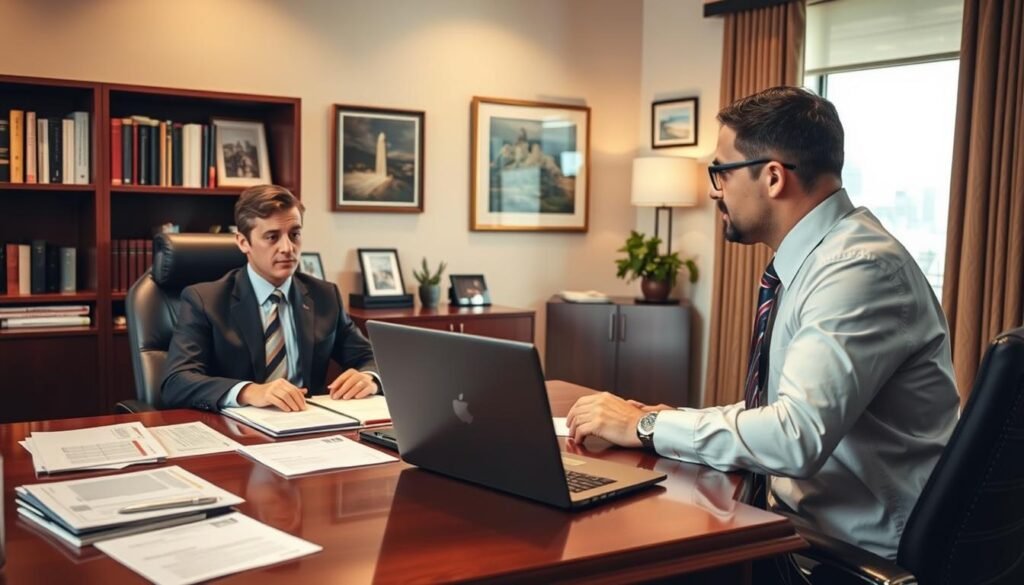 A neatly organized office setting with a wooden desk, a laptop, and various financial documents. In the foreground, a person in formal attire sits at the desk, deep in conversation with another person across the table. Warm, directional lighting illuminates the scene, creating a professional and inviting atmosphere. The background features bookshelves, framed artwork, and a window overlooking a cityscape, conveying a sense of authority and expertise. The overall composition suggests a private consultation on the process and advantages of private lending for real estate investments.