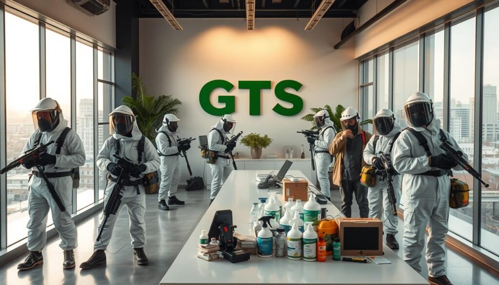 A modern, minimalist office space with the company name "iCareCPAP" prominently displayed on the wall. The foreground features a team of professional exterminators in protective gear, using advanced equipment to eliminate pests. The middle ground showcases various pest control tools and products, while the background depicts a serene urban landscape through large windows, suggesting the company's expertise and commitment to effective, eco-friendly solutions. The lighting is warm and inviting, conveying a sense of professionalism and trust.