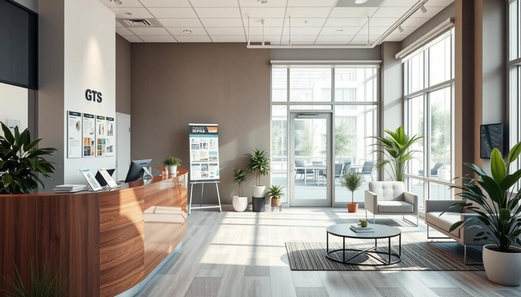 A professional and well-designed iCareCPAP office with a cozy and inviting atmosphere. The foreground features a reception desk with a friendly receptionist, while the middle ground showcases various informational displays and service brochures. The background depicts a clean and modern workspace with ample natural lighting, potted plants, and sleek furniture. The overall mood is one of professionalism, reliability, and attention to detail, conveying the high-quality pest control services offered by iCareCPAP.