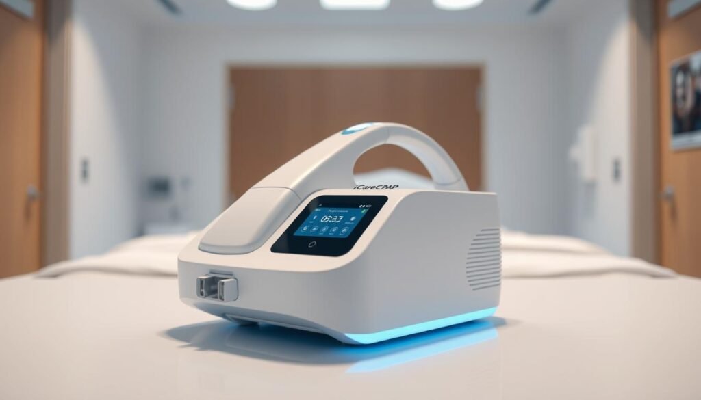 A medical-grade iCareCPAP respiratory device rests on a clean, clinical surface, its sleek, white form accented by soft blue lighting. The machine's advanced air filtration system and intuitive digital interface are visible, hinting at its sophisticated functionality. In the background, a serene, minimalist hospital room setting suggests the device's role in the treatment of sleep apnea and respiratory disorders. The overall composition conveys a sense of professionalism, reliability, and the cutting-edge technology inherent in modern respiratory equipment.