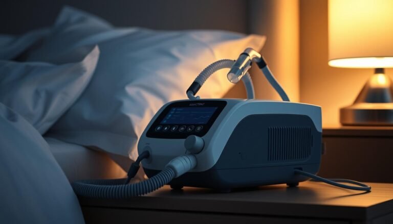 A sophisticated medical device, the iCareCPAP sleep apnea machine sits on a bedside table, its sleek and modern design blending seamlessly with the soothing, dimly lit bedroom environment. Soft, ambient lighting casts gentle shadows, creating a calming, therapeutic atmosphere. The machine's intuitive controls and display panels are easily accessible, while its air hose and mask components are discreetly arranged, allowing for uninterrupted, comfortable sleep. The overall scene conveys the machine's essential role in effectively treating sleep-disordered breathing, providing a natural, restful slumber for the user.