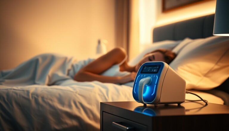 A modern bedroom setting with a person comfortably sleeping while using an iCPAP machine. The device is prominently displayed on a nightstand, its sleek design and soft blue LED lights creating a soothing ambiance. The room is well-lit with warm, diffused lighting, casting gentle shadows that accentuate the serene atmosphere. The bed is dressed in crisp, white linens, and the overall scene conveys a sense of peace and rejuvenation. The image should effectively communicate the proper use and benefits of a sleep apnea machine in a relatable, lifestyle-oriented setting.