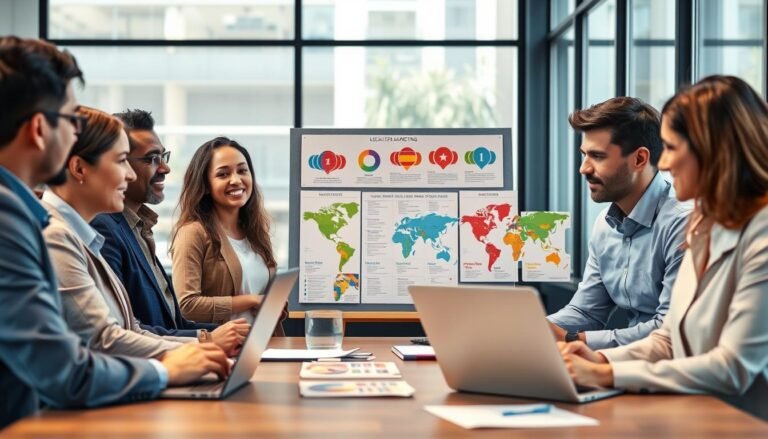 A professional business meeting scene focused on localizing advertising strategies. In the foreground, a diverse group of business professionals of different ethnicities are engaged in a discussion, all in smart casual attire, with laptops and charts on the table. In the middle ground, colorful infographics displaying localized marketing data are pinned on a board, illustrating various regions. The background showcases a modern office environment with large windows letting in natural light, enhancing the inviting atmosphere. The image is captured with a wide-angle lens to emphasize collaboration, and warm lighting creates a motivational mood, highlighting the significance of adapting advertising messages for different local markets.