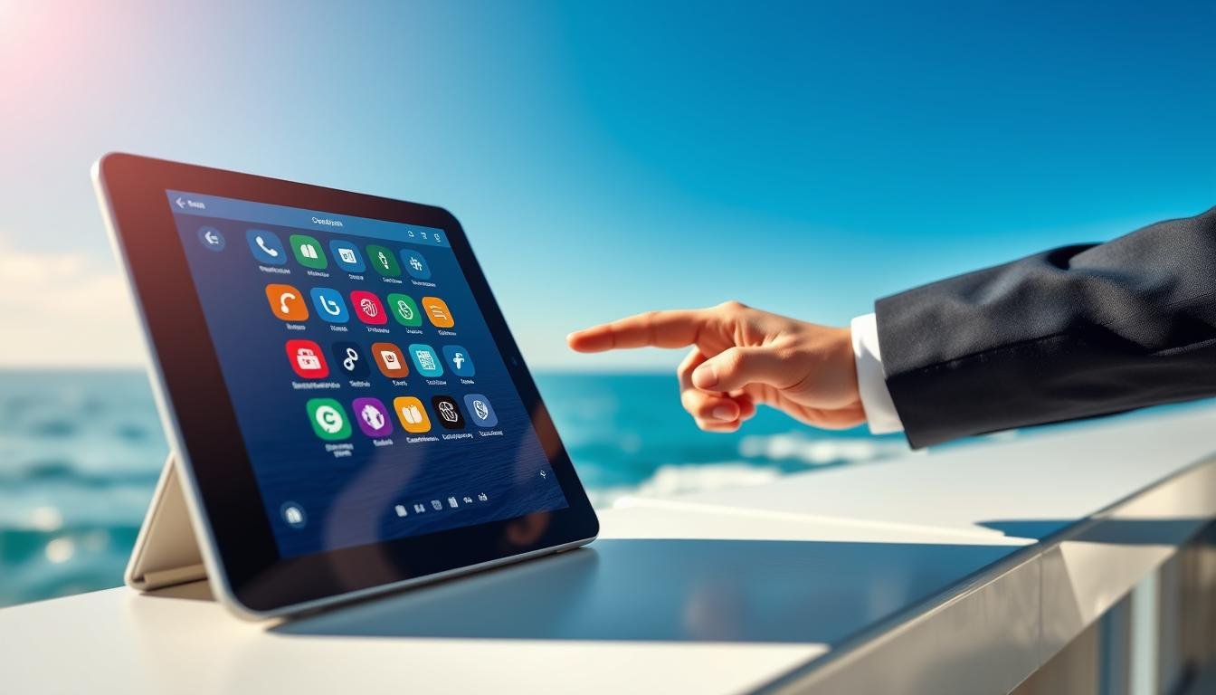 A detailed concept of the "OceanEsim manual network selection interface" displayed on a modern tablet. The foreground features the tablet angled towards the viewer, showcasing a user-friendly graphical interface filled with vibrant icons representing various network operators. In the middle ground, a hand in business attire is poised to interact with the screen, highlighting a professional context. The background depicts a serene seaside setting, softly blurred to emphasize the tablet, with gentle waves and a clear blue sky suggesting a tranquil travel experience. The lighting is natural, bright, and welcoming, evoking a sense of ease and efficiency. The overall atmosphere is informative yet relaxed, ideal for understanding the manual network selection process while traveling.