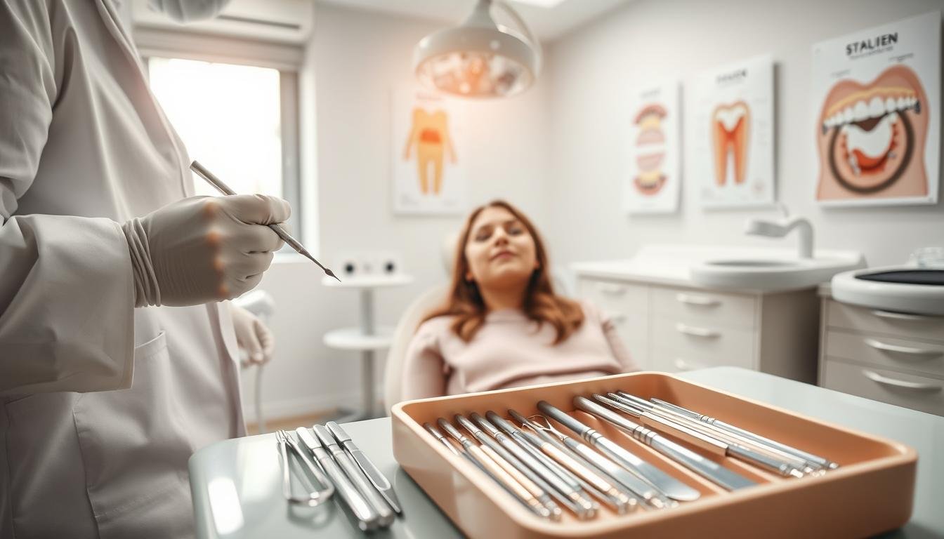 A professional dental clinic setting with a focus on the teeth cleaning process. In the foreground, a dentist in a white coat and gloves is gently cleaning a patient's teeth with a dental tool, emphasizing the careful technique. The patient, seated upright in a dental chair, appears relaxed and calm. In the middle, a tray of dental instruments is neatly organized, showcasing tools like suction and scaler. The background features a softly lit room with calming colors, anatomical posters of the mouth, and a sterilization area. Natural light filters through a window, adding a warm glow. The atmosphere is serene and professional, encouraging a sense of trust and competence.