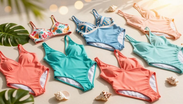 A stylish flat lay of various women's swimwear options, showcasing an elegant arrangement of colorful swimsuits in different styles. The foreground displays a selection of swimsuits in vibrant hues like coral, turquoise, and pastel shades, each adorned with chic patterns such as floral prints and geometric designs. In the middle, a smooth, sunlit surface enhances the colors, with accents like tropical leaves and seashells artfully placed to add a touch of summer vibes. In the background, soft bokeh effects mimic a beach setting with warm, golden sunlight filtering through. The overall atmosphere conveys a sense of sophistication and inviting relaxation, perfect for illustrating the theme of taste and style in swimwear color choices. No text or identifiable features present. 4:3 aspect ratio.