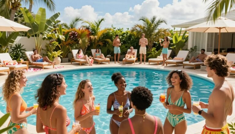 A vibrant pool party scene featuring a diverse group of people enjoying an outdoor setting. In the foreground, a group of friends dressed in colorful, stylish swimwear are laughing and engaging in playful conversation. The middle layer shows a pristine swimming pool surrounded by lush tropical plants and comfortable lounge chairs. Some guests are holding refreshing drinks, while others are lying on towels. In the background, a bright blue sky with fluffy white clouds adds to the cheerful atmosphere. The sunlight casts a warm glow over the scene, creating a lively, inviting mood. The perspective is slightly elevated to capture the entirety of this fun gathering, emphasizing the stylish and carefree vibe of a perfect pool party.