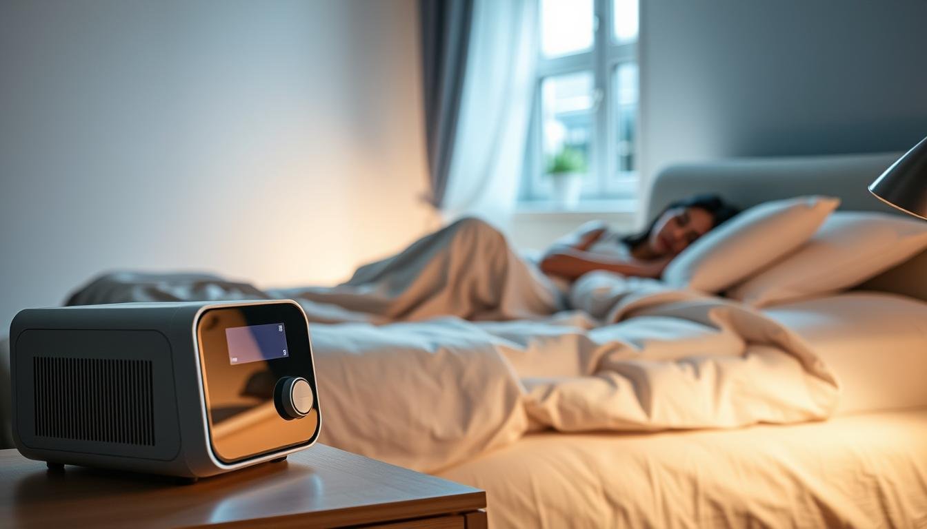 A serene bedroom scene focusing on the impact of a sleep apnea machine on the sleep environment. In the foreground, a sleek, modern sleep apnea machine sits on a bedside table, with soft, diffused lighting illuminating its design. In the middle ground, a comfortable bed with cozy blankets and pillows invites relaxation, subtly showcasing a person in modest pajamas, peacefully sleeping. The background features a softly lit, tranquil atmosphere, with gentle colors like pastel blues and greens, creating a calming effect. Ambient light filters through a window, hinting at a peaceful night outside, while shadows dance lightly across the walls. The overall mood is peaceful and harmonious, highlighting how sleep appliances harmonize with a restful environment.
