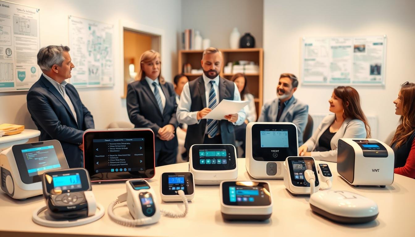 A professional and informative setting showcasing a selection guide for sleep apnea machines. In the foreground, a well-organized table displays various high-tech sleep apnea devices, featuring sleek designs and colorful interfaces. In the middle ground, a knowledgeable consultant in business attire explains the benefits and usage of these machines to a diverse group of attentive individuals seated around the table. The background includes a softly lit, modern healthcare office with medical charts and calming decor, creating a serene atmosphere. The lighting is bright yet warm, emphasizing clarity and professionalism, captured with a slight depth of field to keep the focus on the products and the interaction.
