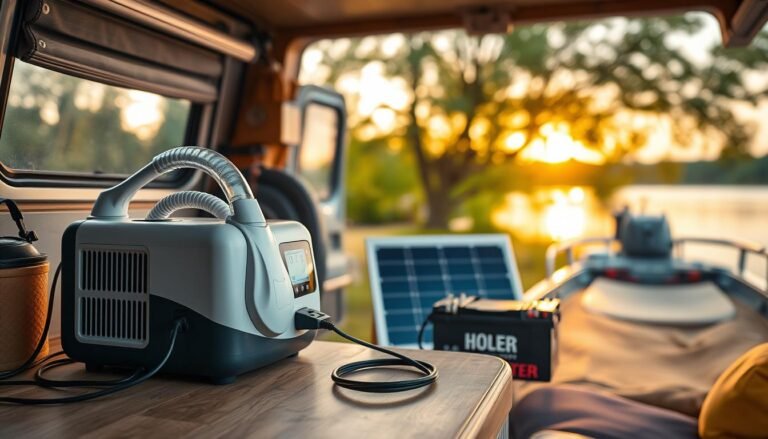 A detailed depiction of a sleep apnea machine powered in various ways, set inside a cozy camper van and on a boat. The foreground features the sleep apnea machine, sleek and modern, with visible power connections and components. In the middle ground, showcase a power source, such as a solar panel and a battery setup, emphasizing the alternative energy options. The background includes a serene campsite with green trees and a tranquil body of water, illuminating the setting with warm, natural evening light. Capture the atmosphere of comfort and practicality, suggesting a homely feel in unconventional environments. Use a shallow depth of field to highlight the machine and its power source, while softly blurring the background, evoking a sense of calm and efficiency in nature.