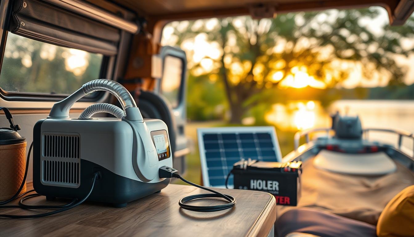 A detailed depiction of a sleep apnea machine powered in various ways, set inside a cozy camper van and on a boat. The foreground features the sleep apnea machine, sleek and modern, with visible power connections and components. In the middle ground, showcase a power source, such as a solar panel and a battery setup, emphasizing the alternative energy options. The background includes a serene campsite with green trees and a tranquil body of water, illuminating the setting with warm, natural evening light. Capture the atmosphere of comfort and practicality, suggesting a homely feel in unconventional environments. Use a shallow depth of field to highlight the machine and its power source, while softly blurring the background, evoking a sense of calm and efficiency in nature.